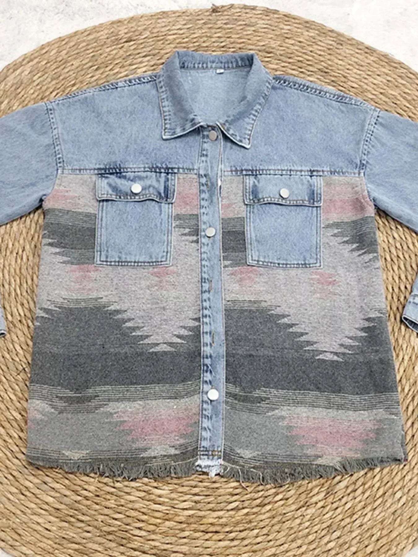 Printed Botton Down Long Sleeve Denim Jacket - DAVERRI FASHIONS