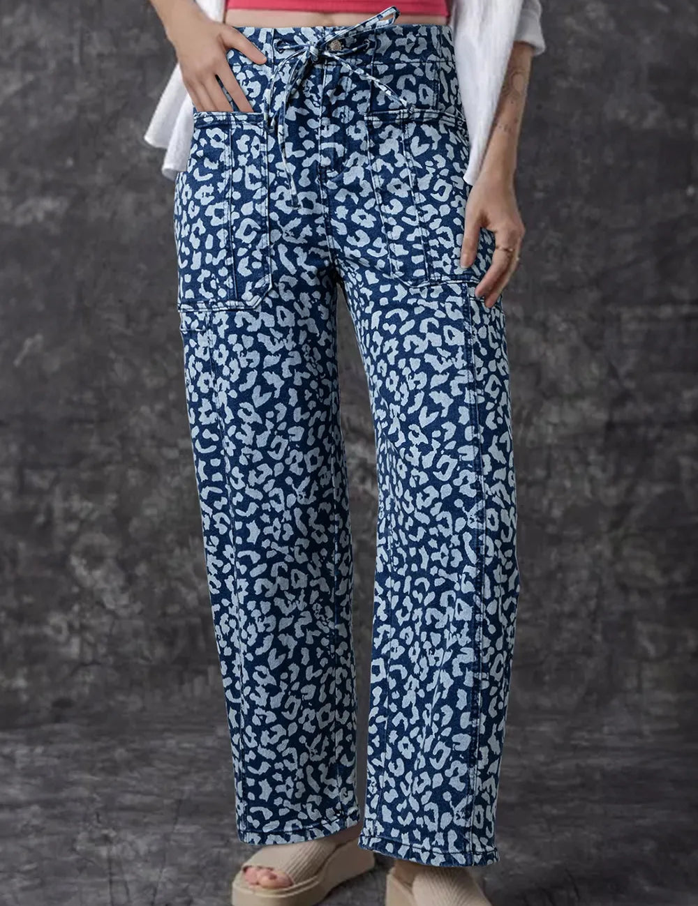Blue and white leopard print wide leg cotton jeans with drawstring waist