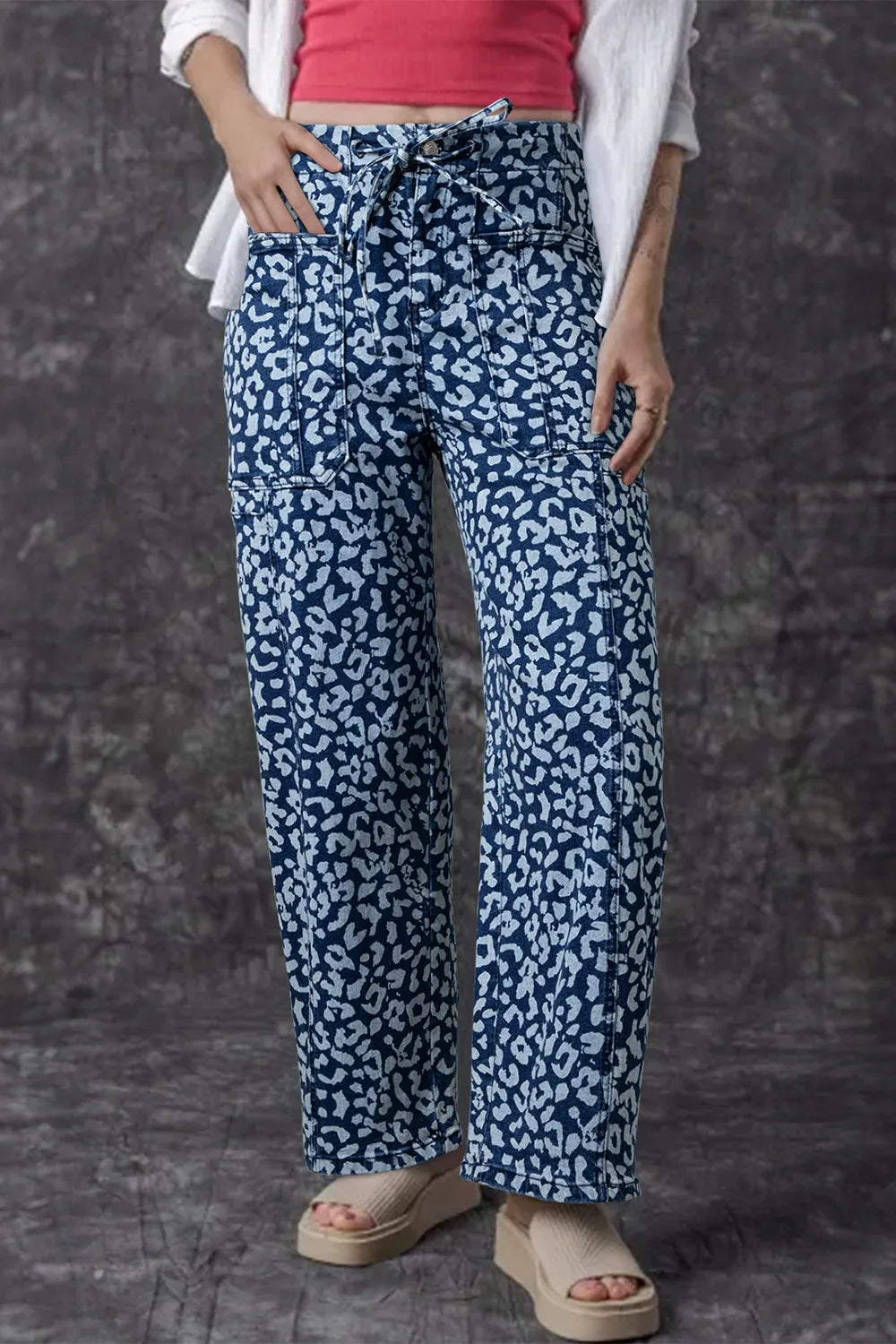 Blue and white leopard print wide leg cotton jeans with drawstring waist