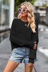 Black round neck drop shoulder long sleeve cropped sweater with ribbed cuffs