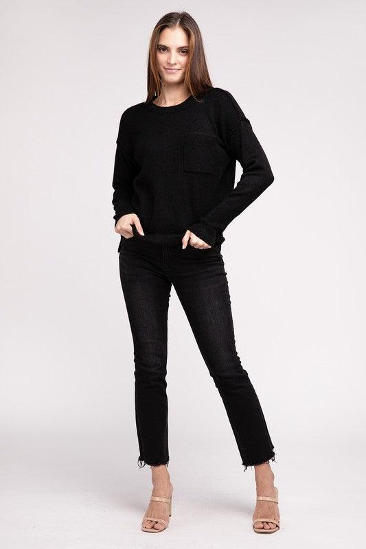 Zenana Hi-Low Hem Round Neck Sweater Sweaters