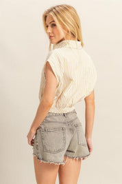 HYFVE Striped Elastic Hem Johnny Collar Cap Sleeve Blouse | Blouses Daverri Fashions