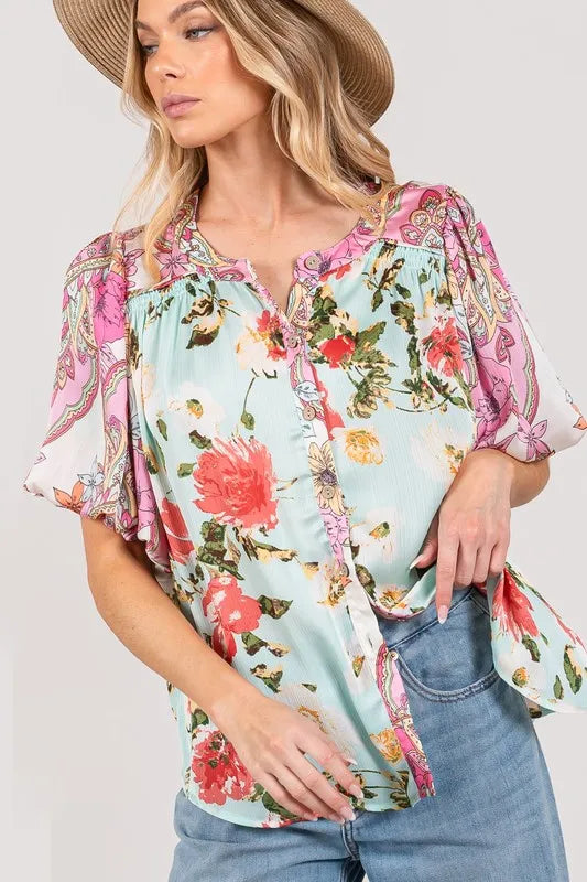 SAGE+FIG Plus Size Floral Mineral Wash French Terry Button Up Shirt | Daverri Fashions