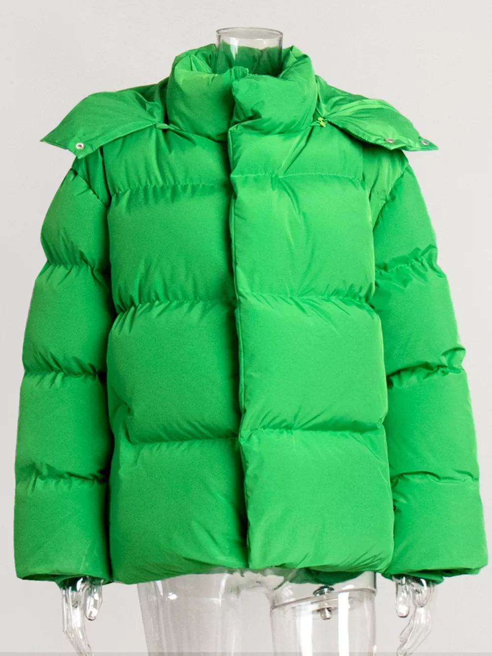 Green pocketed zip-up hooded puffer jacket with large collar