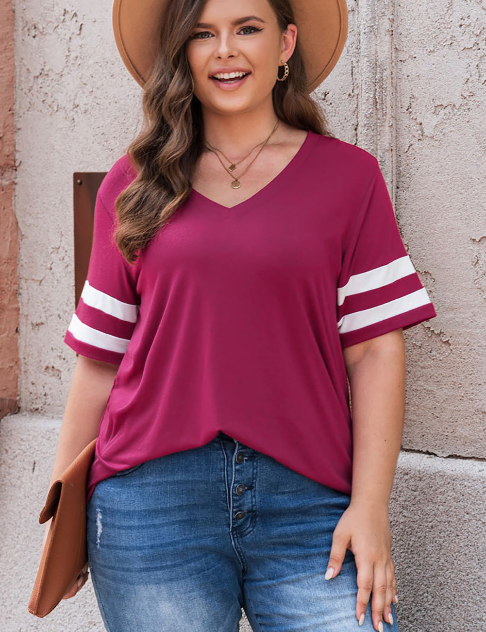 Moonlit Mauve Plus Size Striped V-Neck Tee Shirt | T-Shirts Daverri Fashions