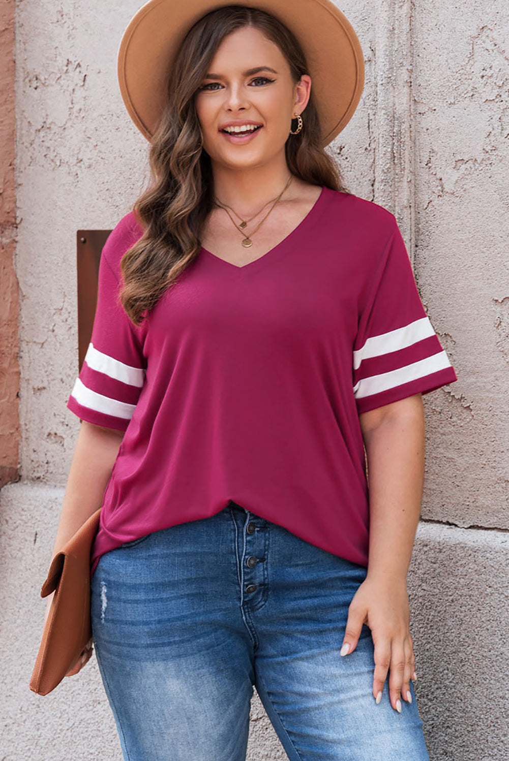Moonlit Mauve Plus Size Striped V-Neck Tee Shirt | T-Shirts Daverri Fashions