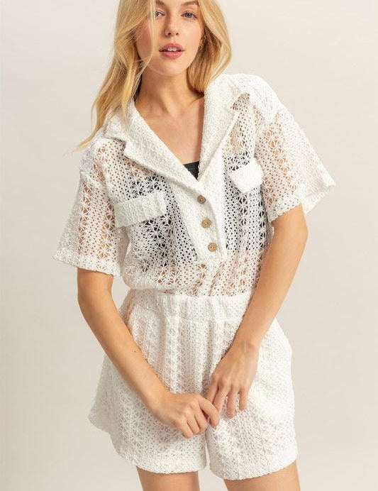 White L HYFVE Crochet Button Front Short Sleeve Romper | Rompers Daverri Fashions