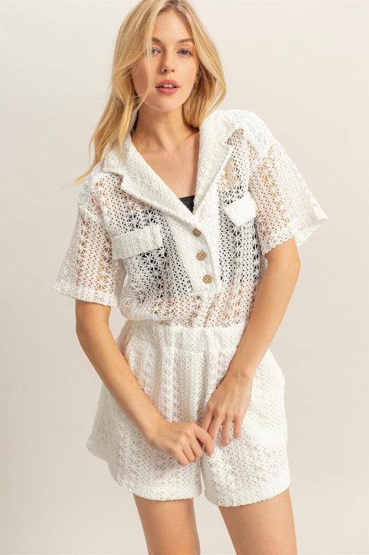 HYFVE Crochet Button Front Short Sleeve Romper White L Rompers