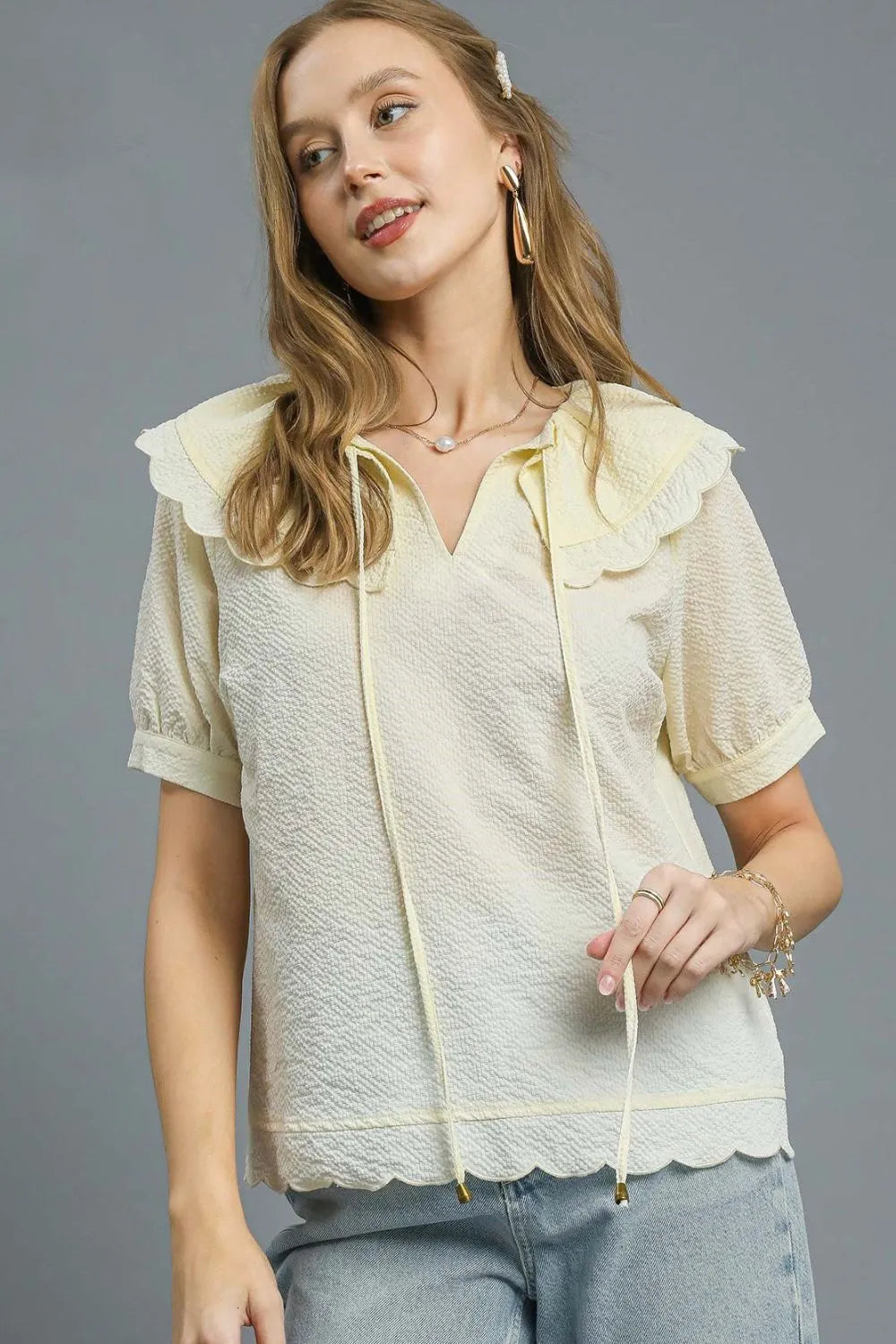 Umgee Peter Pan Collar Short Sleeve Blouse Cream Blouses
