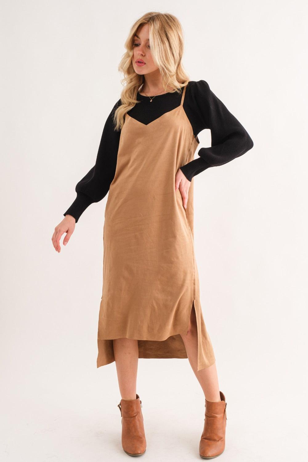 And The Why Faux Suede Cut Edge Slit Cami Midi Dress | Daverri Fashions