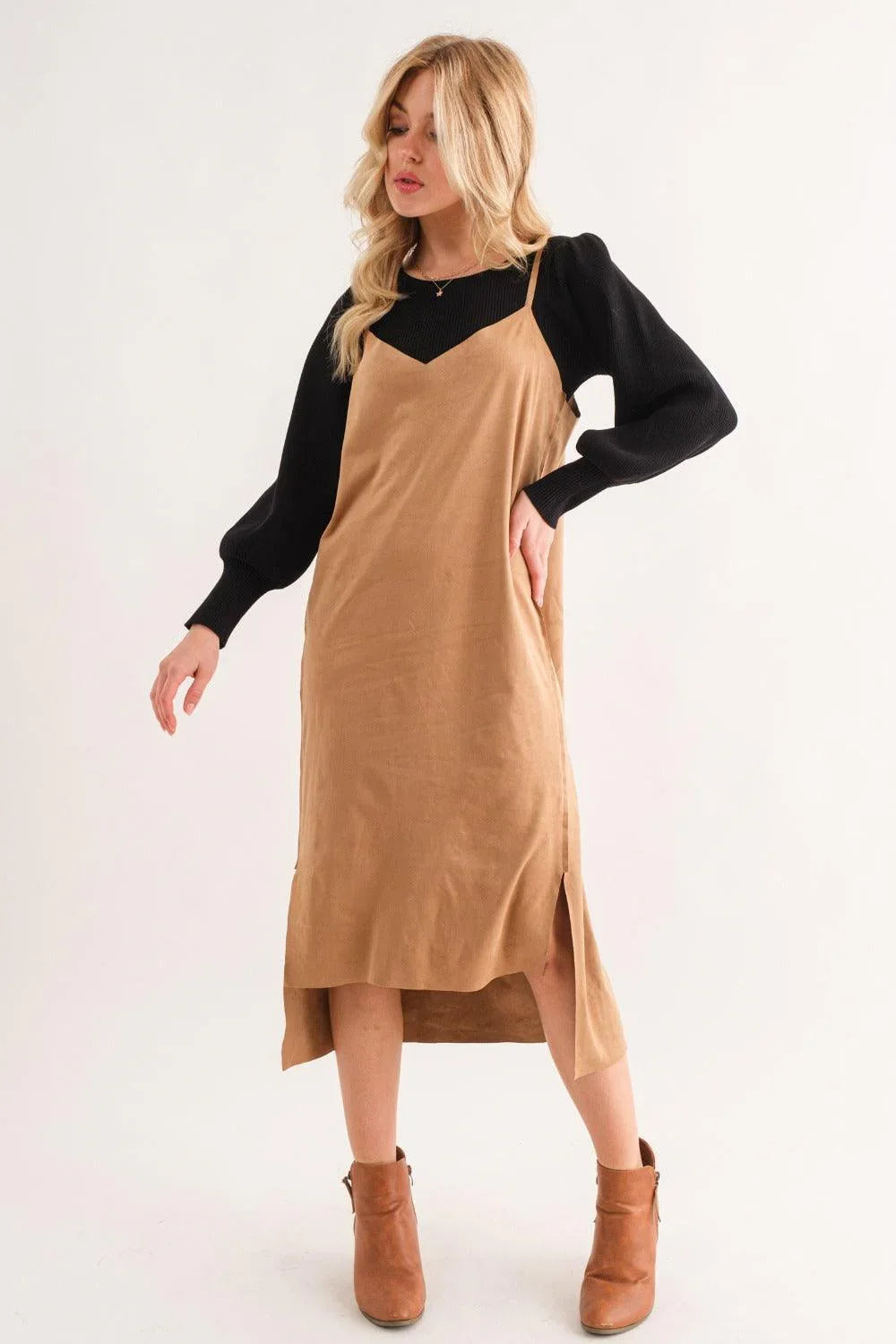 And The Why Faux Suede Cut Edge Slit Cami Midi Dress - DAVERRI FASHIONS