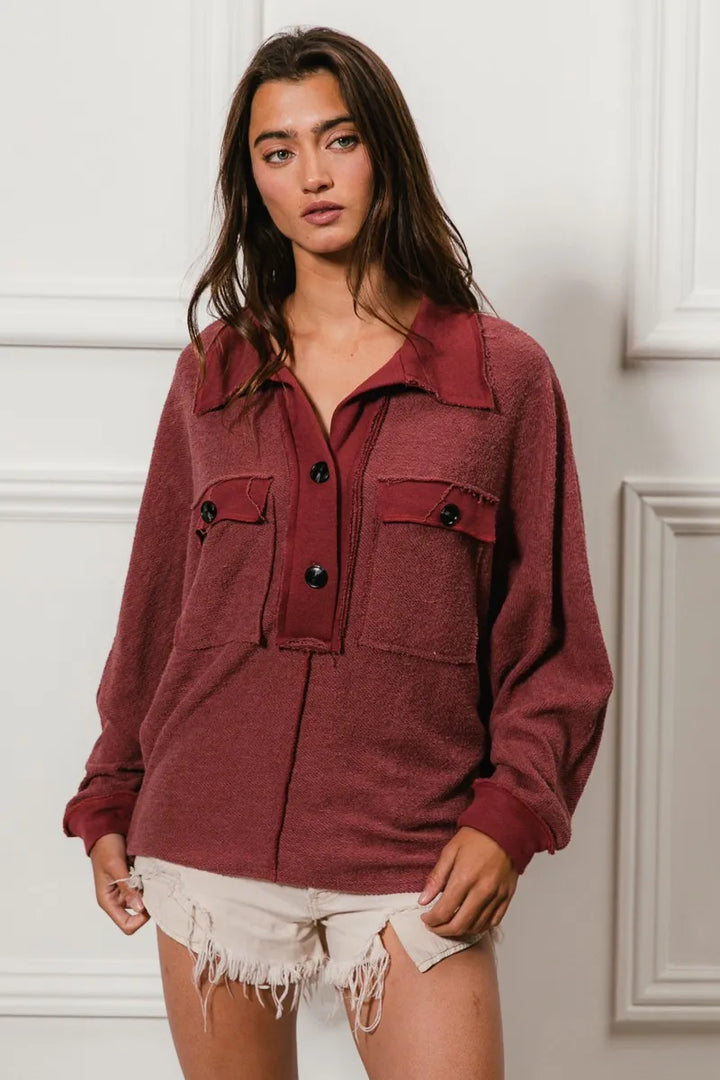 BiBi Cp French Terry Cut Edge Detail Collared Top | Tops Daverri Fashions