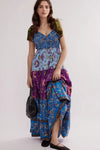 Floral tiered maxi dress with mixed print in blue, purple, olive sleeves