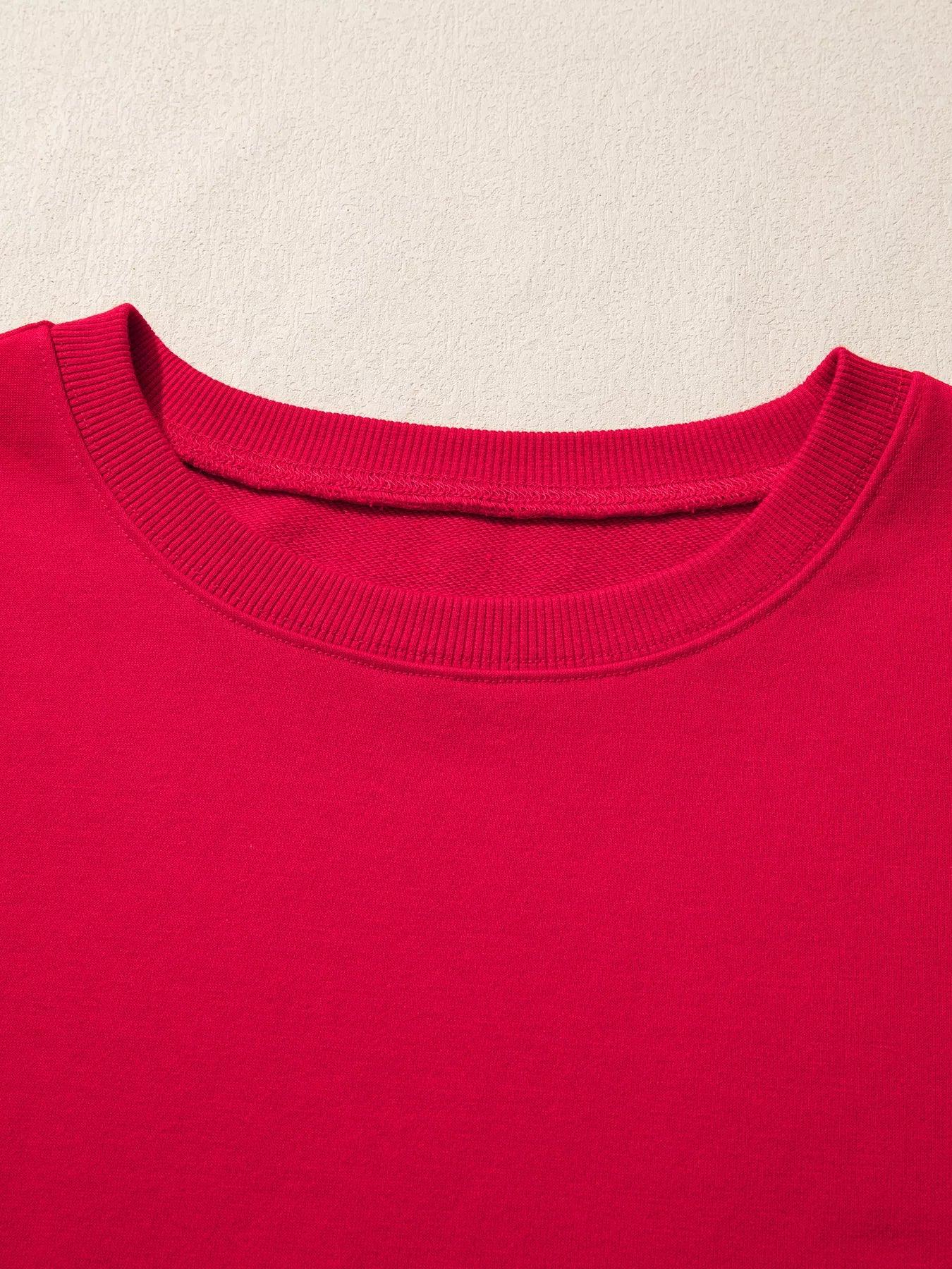 Red crew neck striped patchwork sleeve colorblock sweatshirt