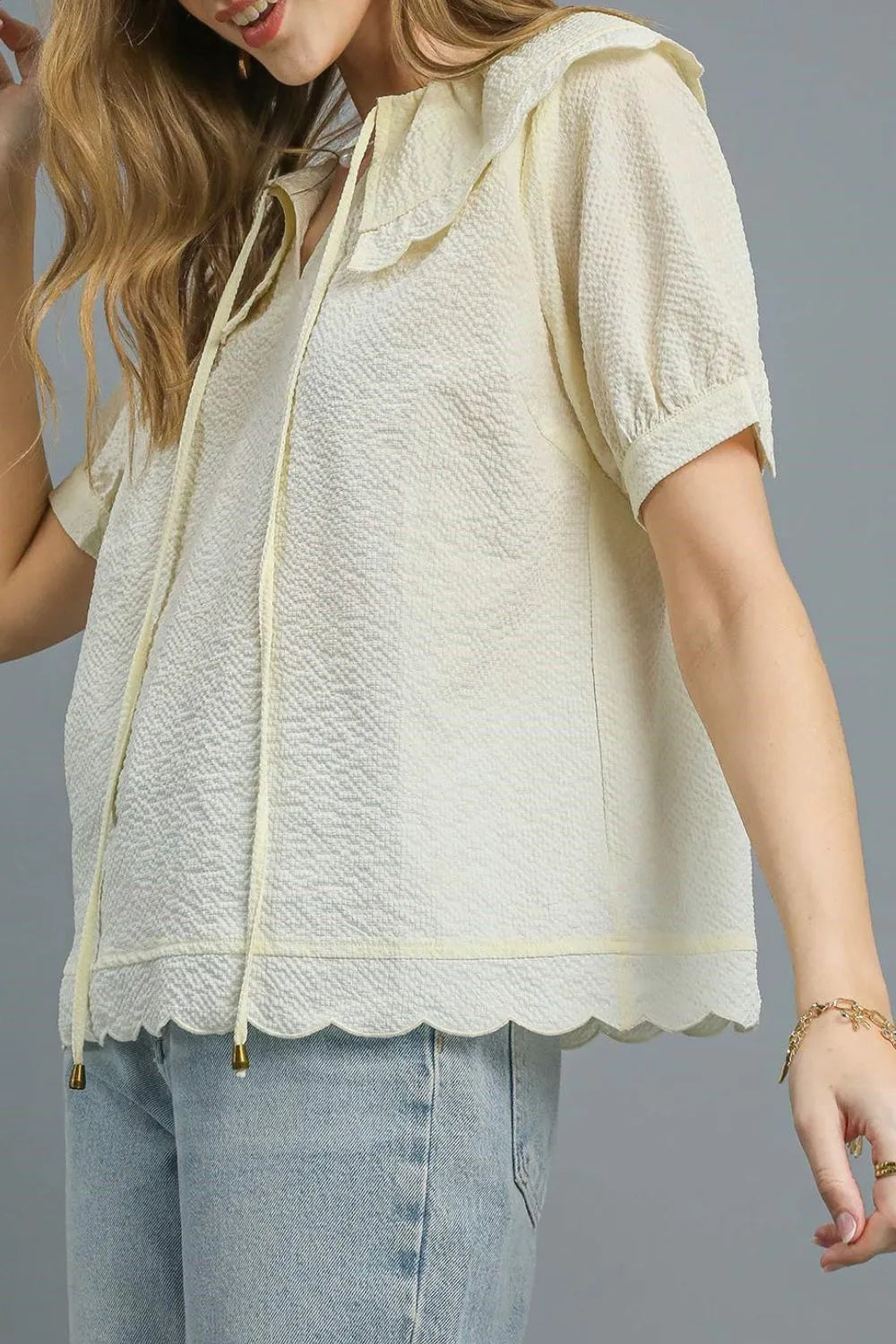 Umgee Peter Pan Collar Short Sleeve Blouse Blouses