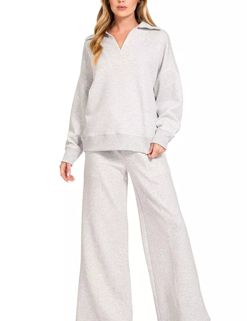 R H GREY Zenana Scuba Collared Pullover and Pants Set | Loungewear Sets Daverri Fashions