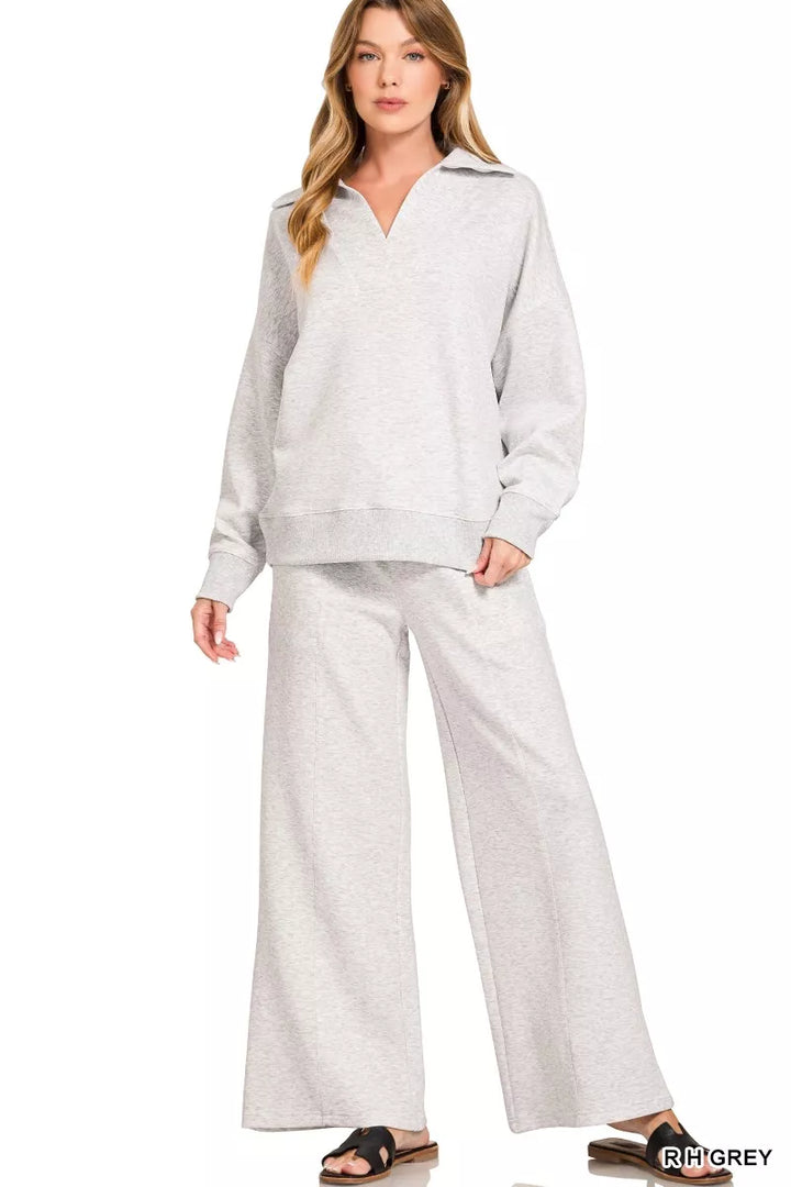 R H GREY Zenana Scuba Collared Pullover and Pants Set | Loungewear Sets Daverri Fashions
