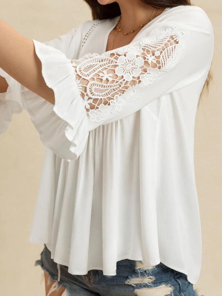 V-Neck Lace Flounce Sleeve Top | Blouses Daverri Fashions