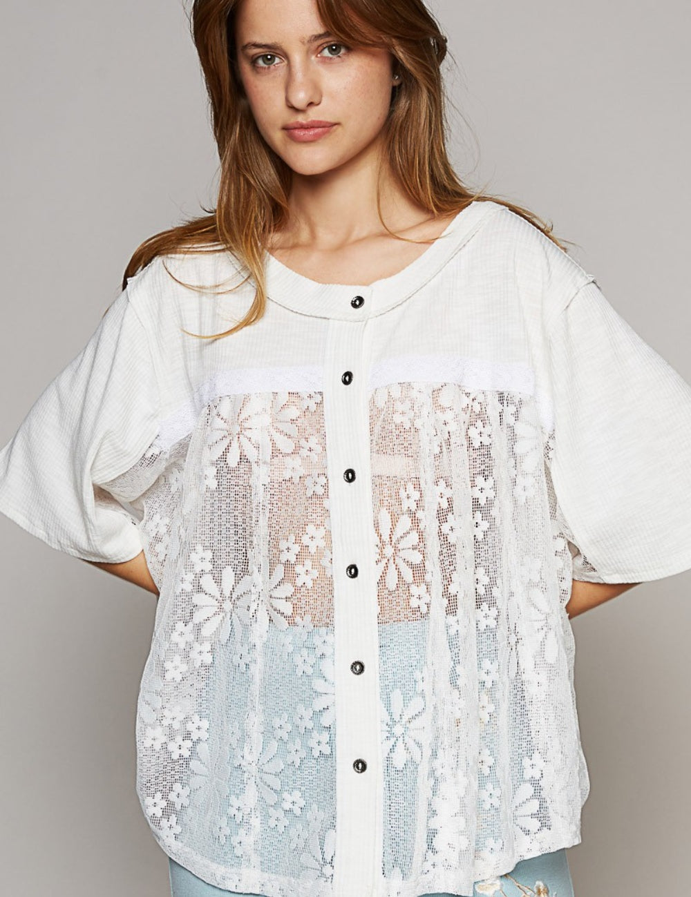 POL Round Neck Short Sleeve Lace Top Off White