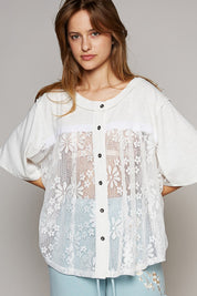 POL Round Neck Short Sleeve Lace Top Off White