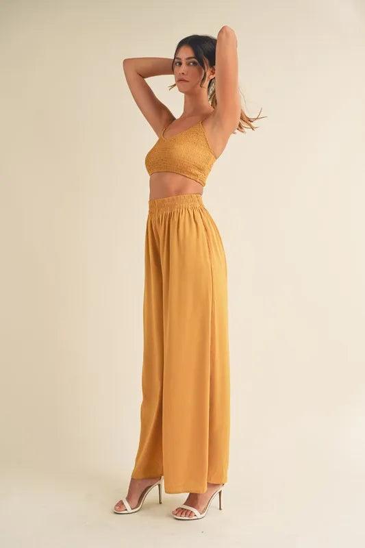 MABLE Smocked Bralette Crop Top and Wide Leg Pants Set Outfit Sets