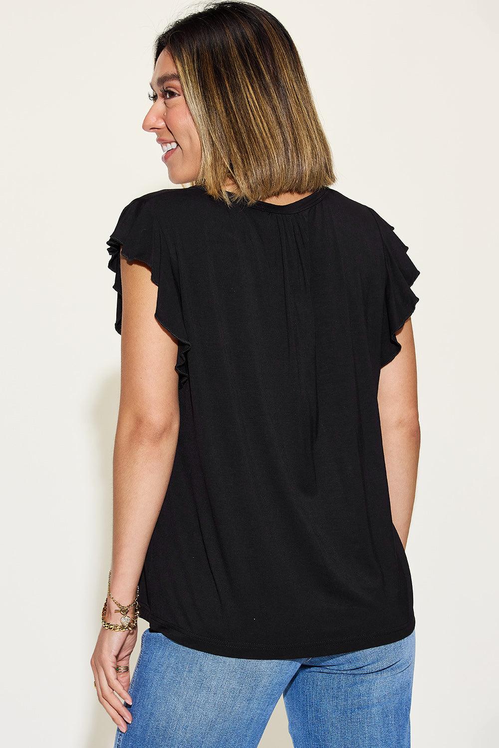 Basic Bae Full Size Bamboo Notched Ruffled Short Sleeve T-Shirt | T-Shirts Daverri Fashions