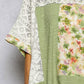 POL Sage Floral Patchwork Lace Accent Blouse with white lace, olive green texture, and pastel flowers