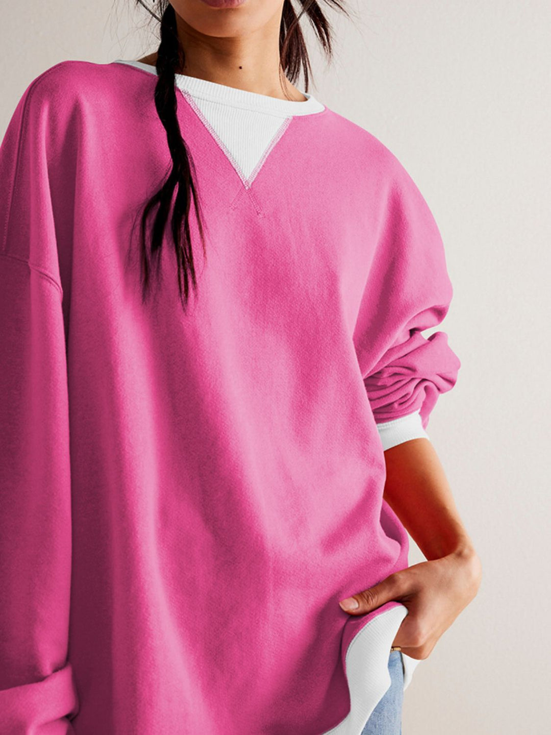 Contrast Trim Round Neck Long Sleeve Sweatshirt Deep Rose Tops