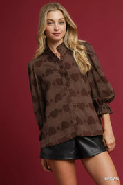 Brown Umgee Heart Jacquard Ruffle Trim Shirt | Shirts Daverri Fashions