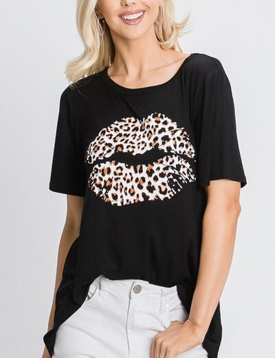 Heimish Full Size Leopard Lip Round Neck Short Sleeve T-Shirt Plus Size