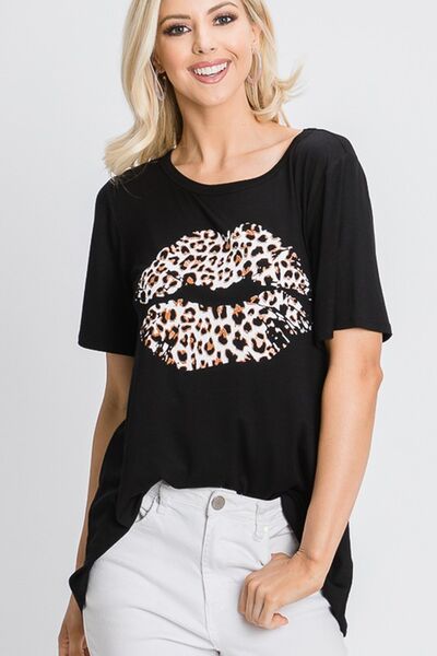 Heimish Full Size Leopard Lip Round Neck Short Sleeve T-Shirt Plus Size T-Shirts