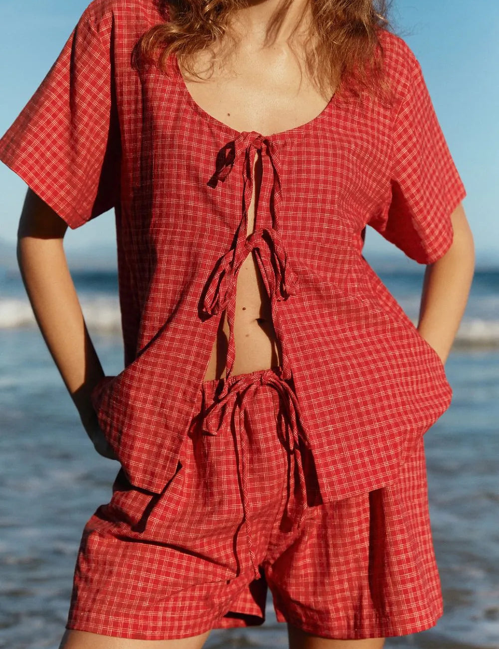 Deep Red Plaid Tied Scoop Neck Short Sleeve Top and Drawstring Shorts Set | Outfit Sets Daverri Fashions