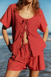Deep Red Plaid Tied Scoop Neck Short Sleeve Top and Drawstring Shorts Set | Outfit Sets Daverri Fashions