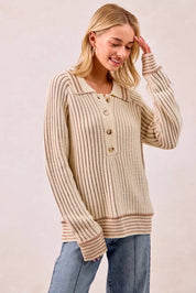 BiBi Half Button Ribbed Two Tone Sweater | Sweaters Daverri Fashions