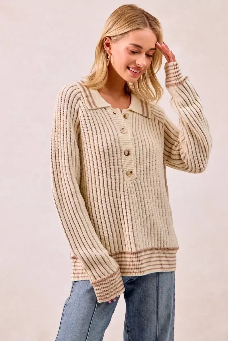 BiBi Half Button Ribbed Two Tone Sweater - DAVERRI FASHIONS