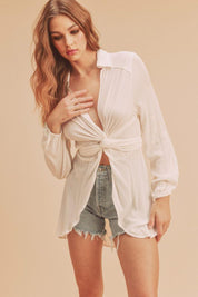 Aemi + Co Tied Collared Neck Long Sleeve Top | Tops Daverri Fashions