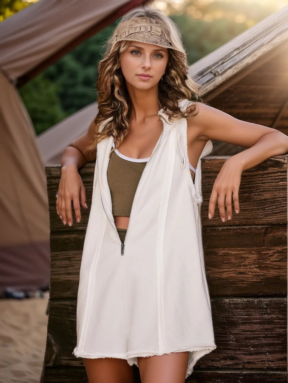 White sleeveless half-zipped hooded romper vest dress with frayed hem, olive inner top