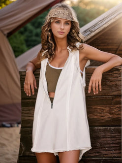 White sleeveless half-zipped hooded romper vest dress with frayed hem, olive inner top