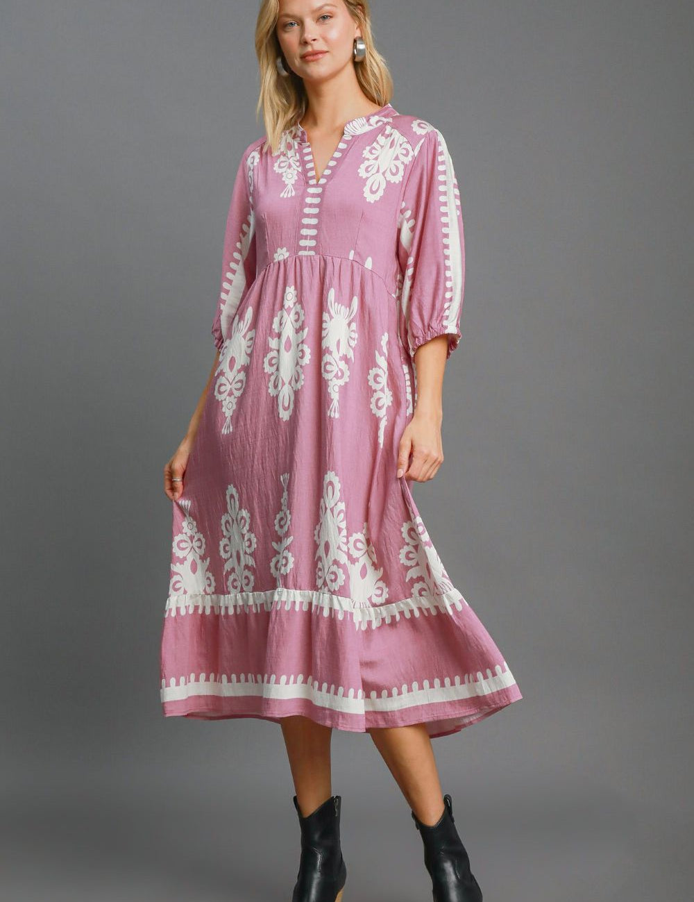 Umgee Printed Notched Midi Dress LT.MAUVE Midi Dresses