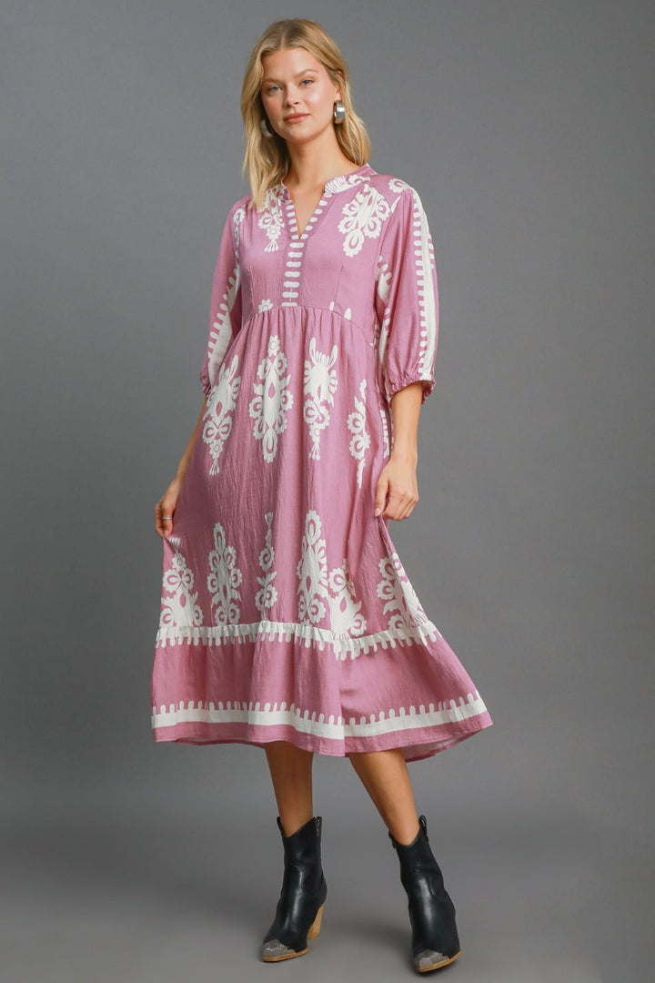 Umgee Printed Notched Midi Dress LT.MAUVE Midi Dresses