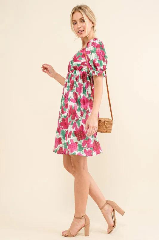 And The Why Smocked Floral Ruffle Short Sleeve Mini Dress - DAVERRI FASHIONS