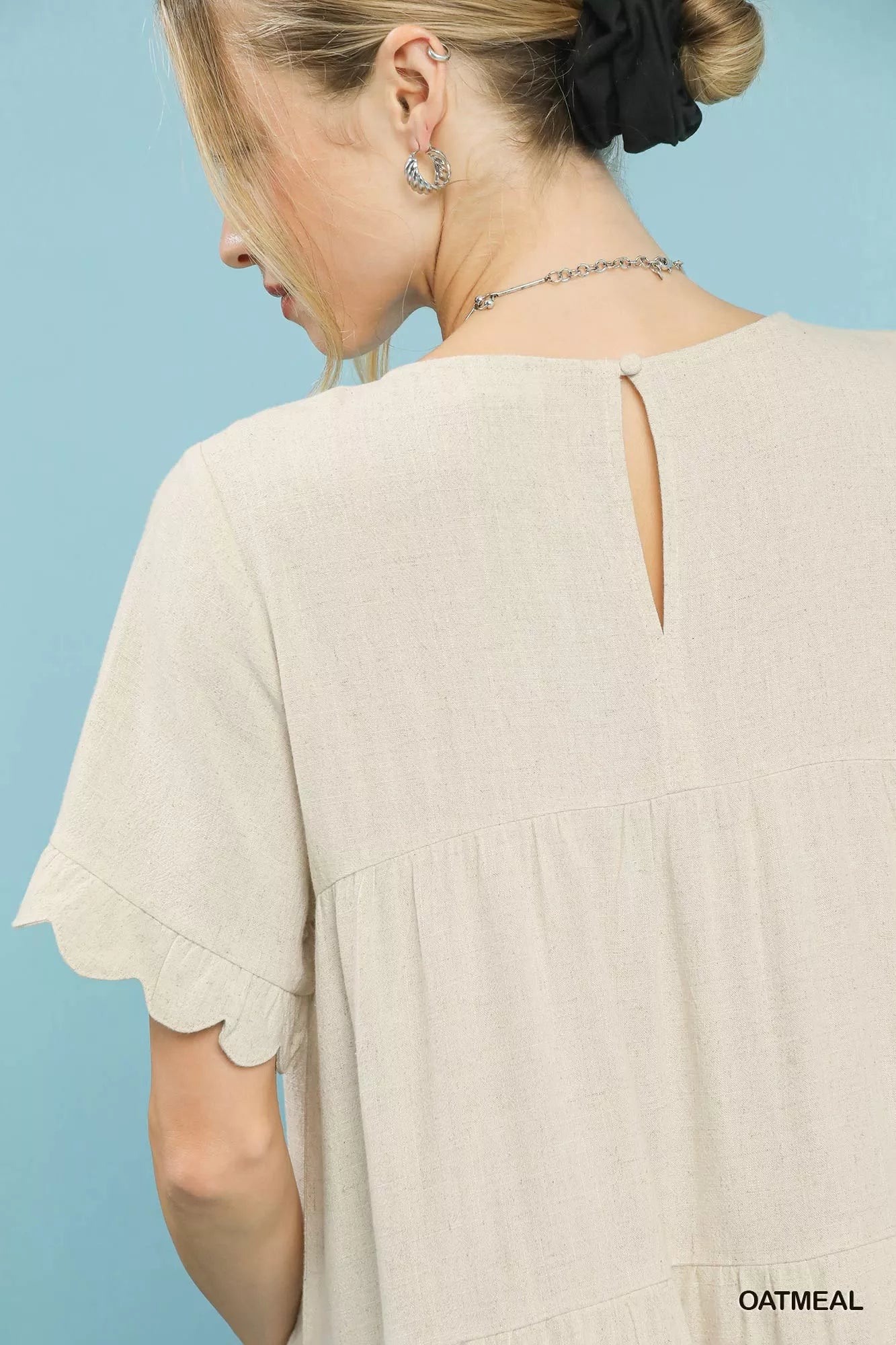 Umgee oatmeal linen babydoll dress with ruffle sleeves and keyhole back