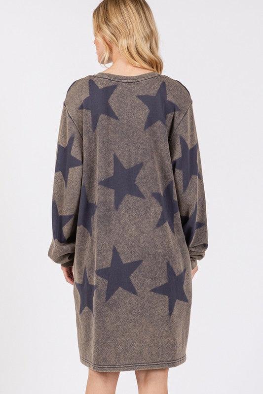 SAGE + FIG Washed Star Print Round Neck Dress - DAVERRI FASHIONS