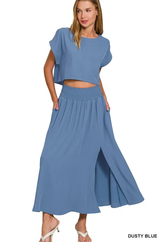 Zenana Woven Crinkle Gauze Crop Tee and Skirt Set Outfit Sets