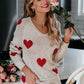 Cozy beige knit Heart Scoop Neck sweater with red hearts