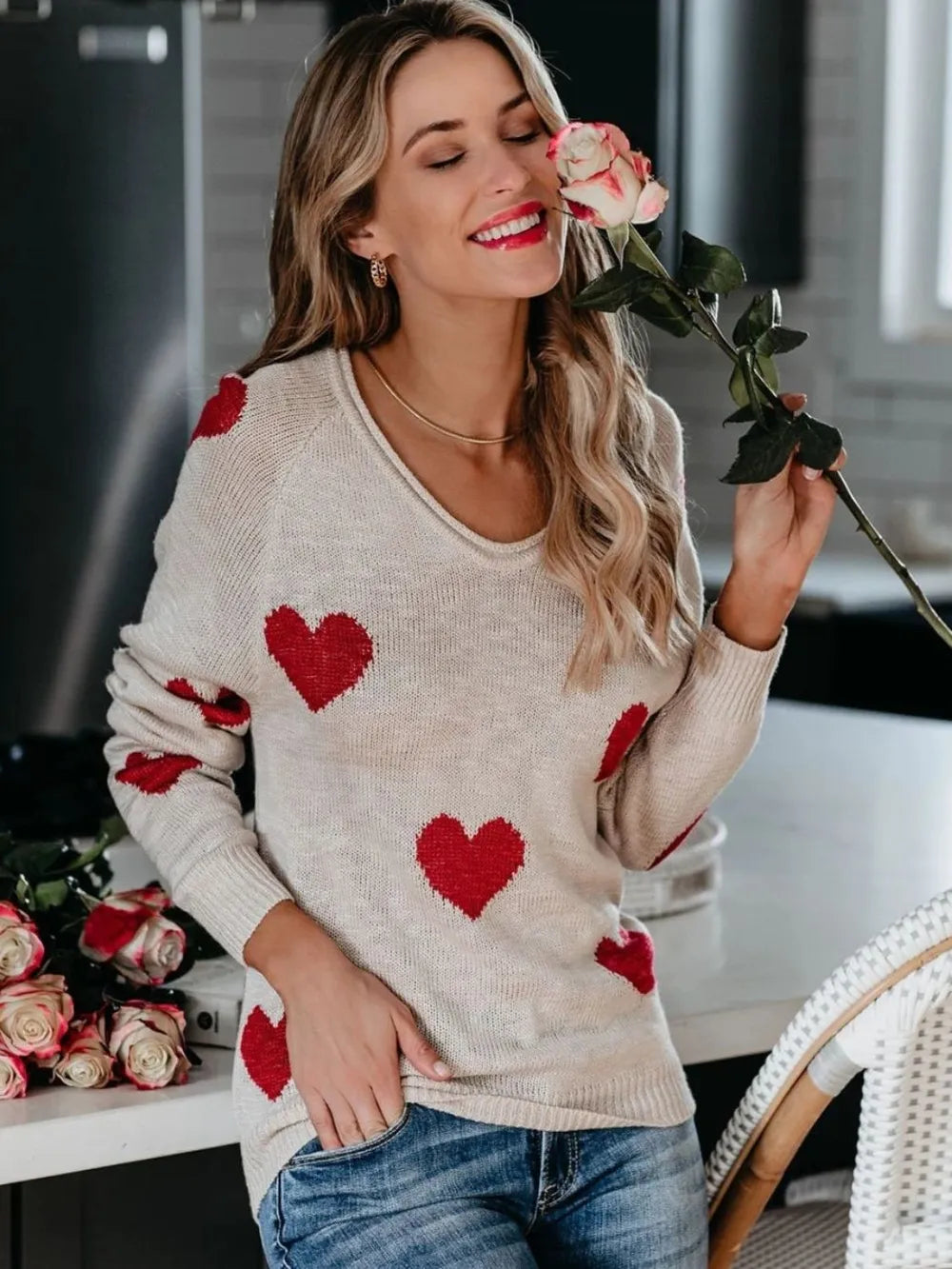 Cozy beige knit Heart Scoop Neck sweater with red hearts