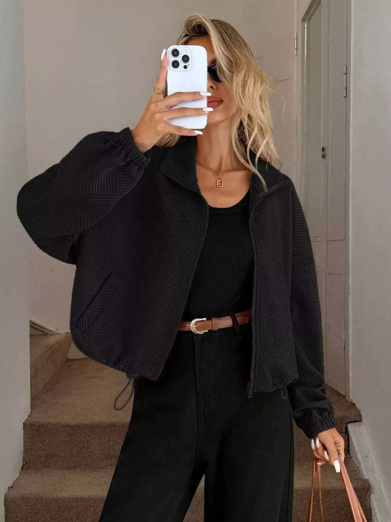 Drawstring Hem Textured Long Sleeve Jacket - DAVERRI FASHIONS