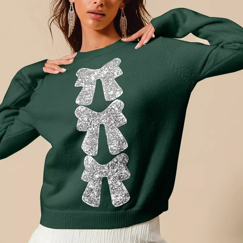 HUNTER SILVER SO ME Sequins Bow Ribbon Embellished Christmas Sweater | Sweaters Daverri Fashions