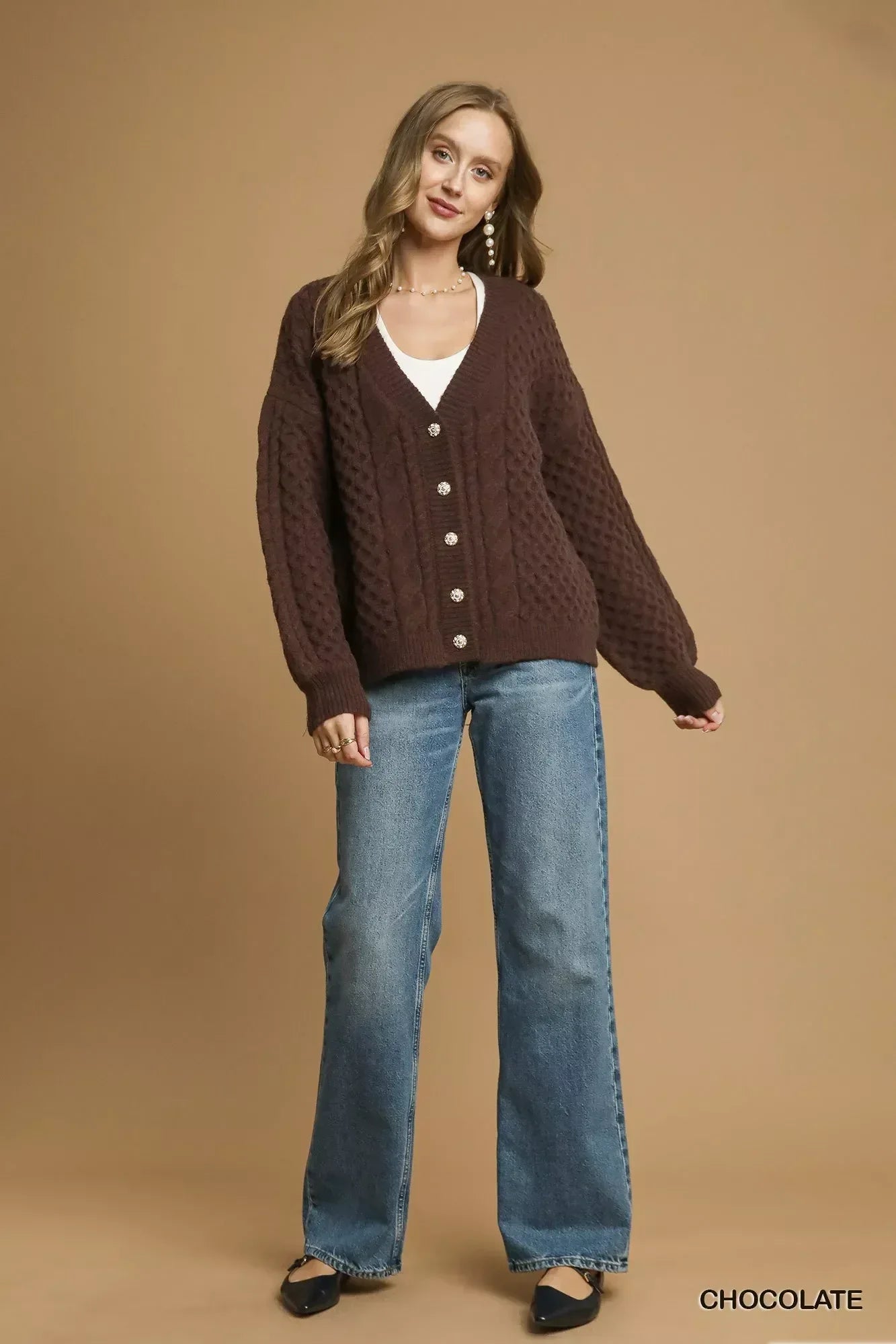 Umgee Cable Knit Pearl Button Cardigan Chocolate - DAVERRI FASHIONS