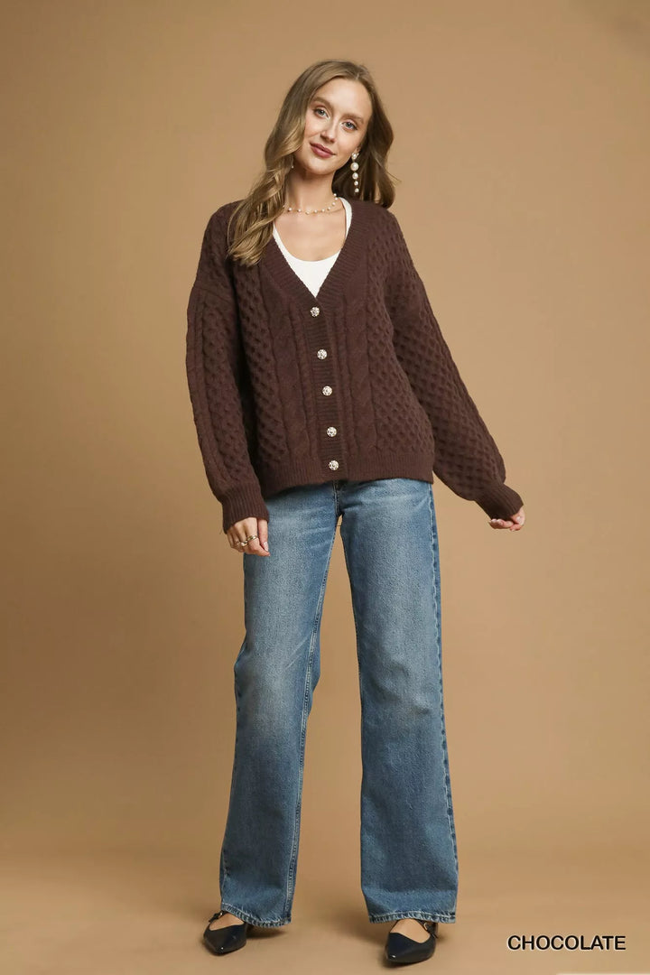 Umgee Cable Knit Pearl Button Cardigan Chocolate | Cardigans Daverri Fashions